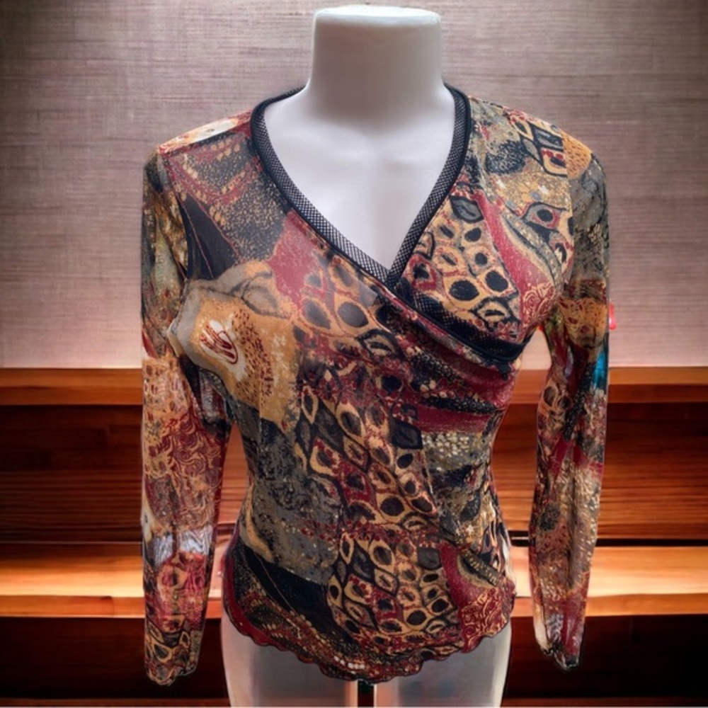 Anac by kimi sheer long sleeve mesh trim patchwork print funky top‎